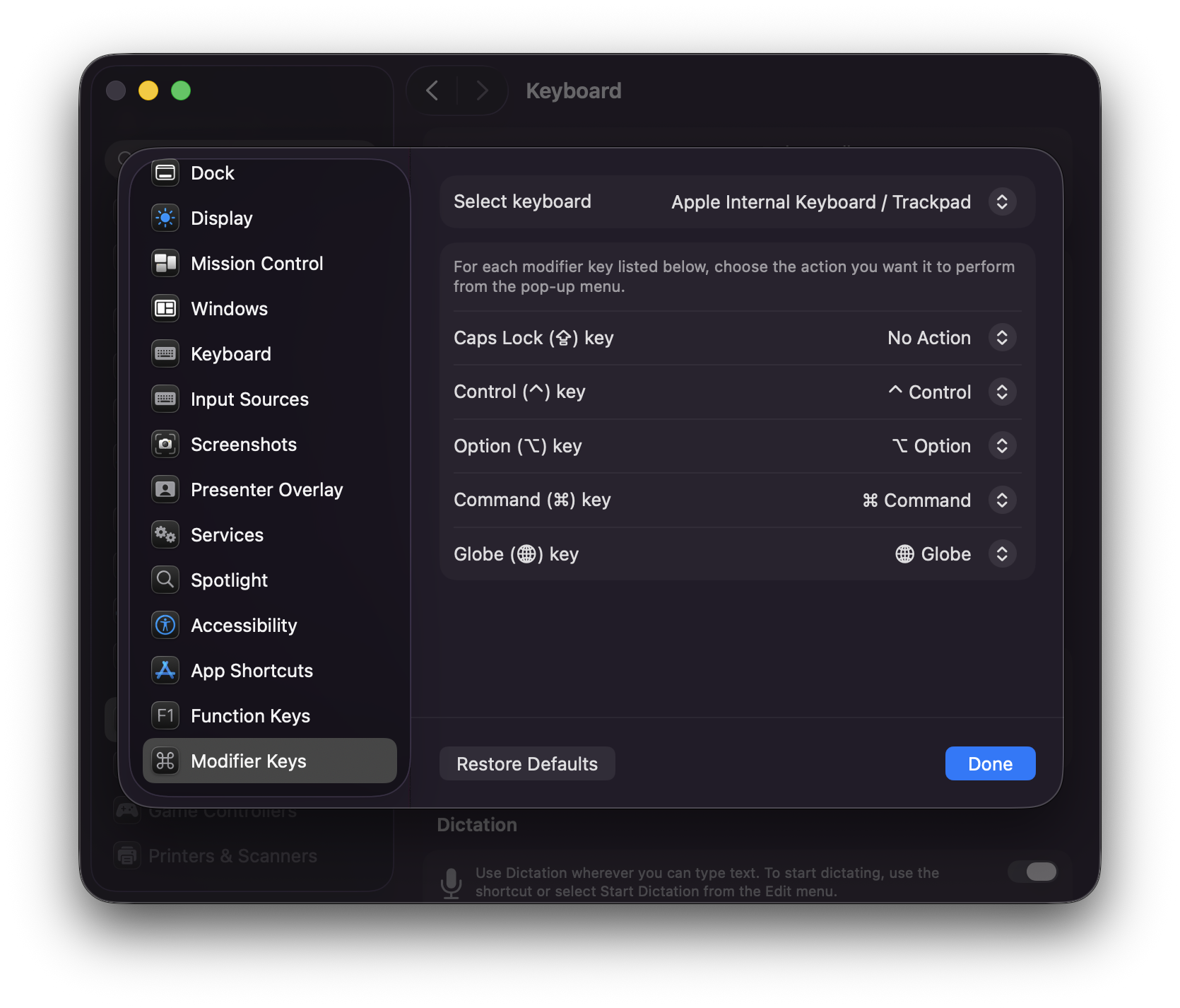 macOS Keyboard settings with Modifier Keys open and Caps Lock set to No Action
