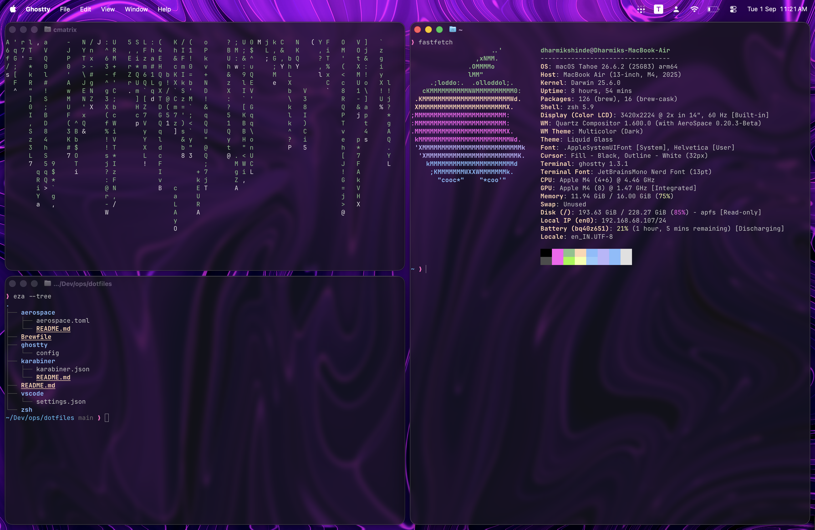 Screenshot of a customized macOS desktop: purple wallpaper, tmux running cmatrix, fastfetch system info and a dotfiles tree in Ghostty
